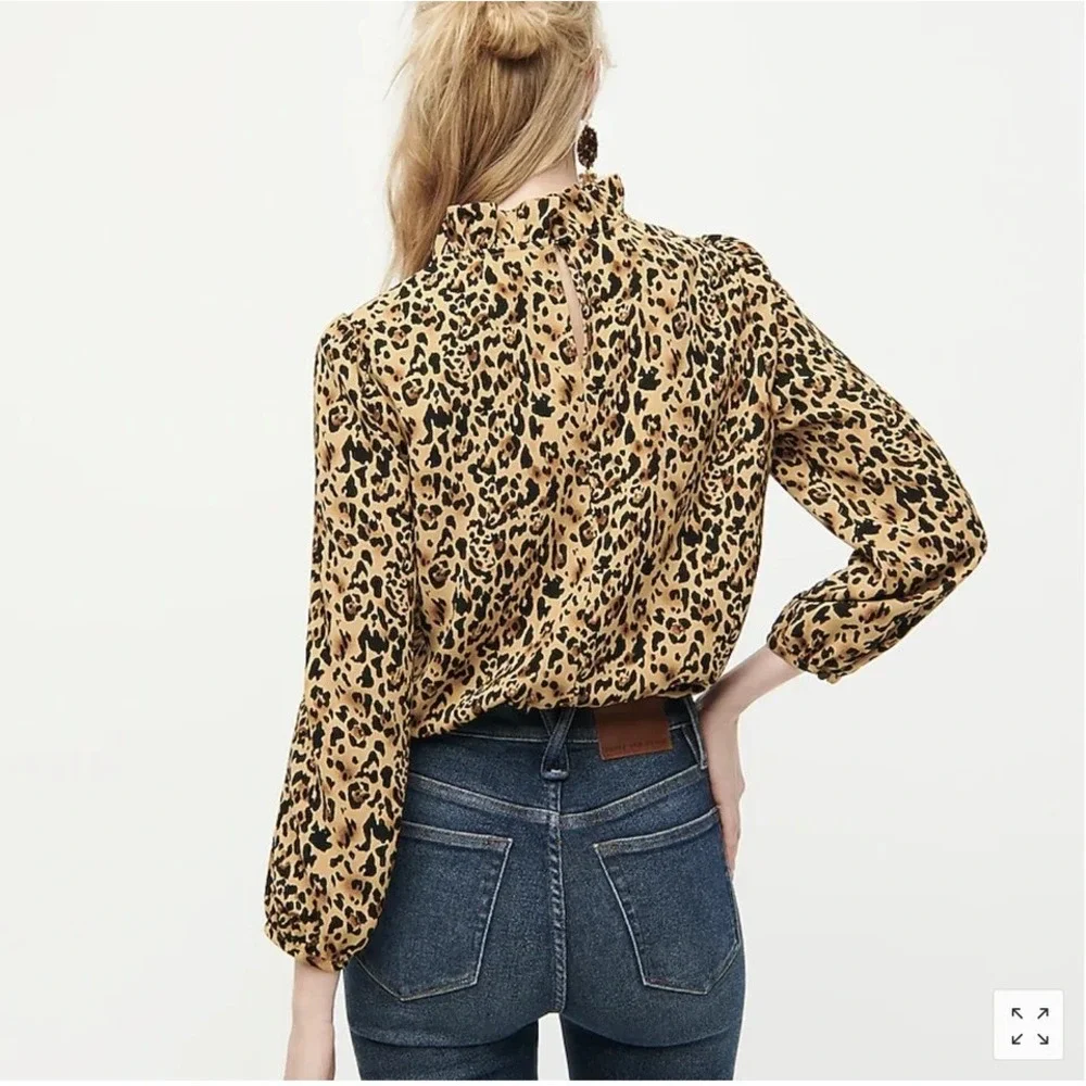 J.Crew Top Leopard Animal Print XS Long-Sleeve Ruffle-Neck Crepe Chic
